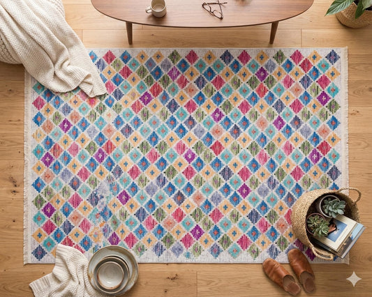Colorful Boho Diamond Rug – Tribal Kilim Style, Machine Washable Carpet