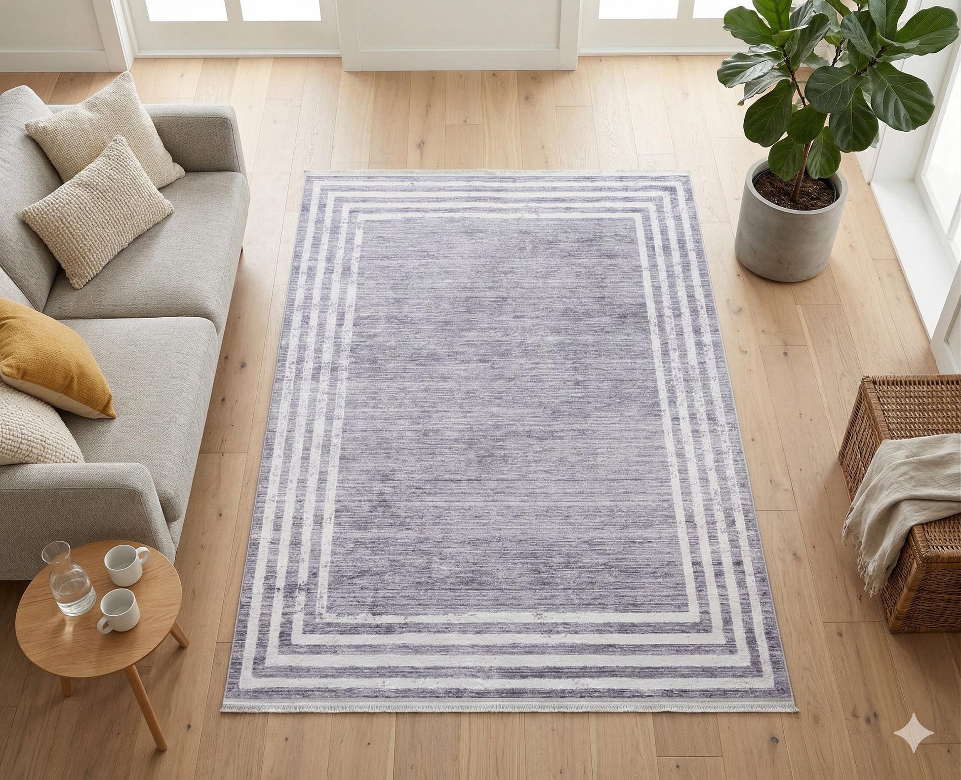 Gray Distressed Border Area Rug, Scandi Style, Machine Washable, Non-Slip