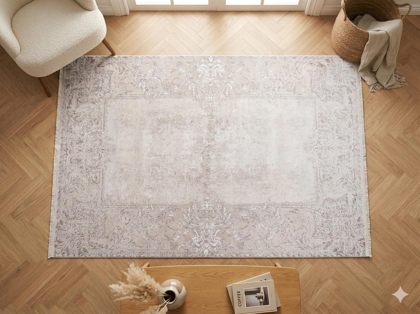 Distressed Vintage Turkish Style Area Rug – Machine Washable Cream Beige Carpet
