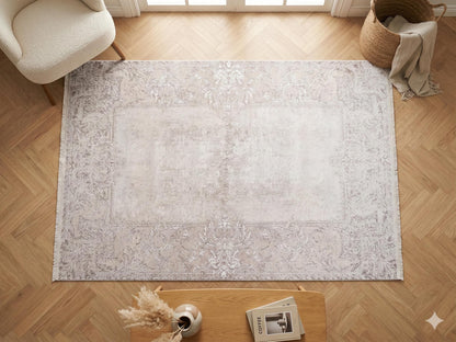 Distressed Vintage Turkish Style Area Rug – Machine Washable Cream Beige Carpet