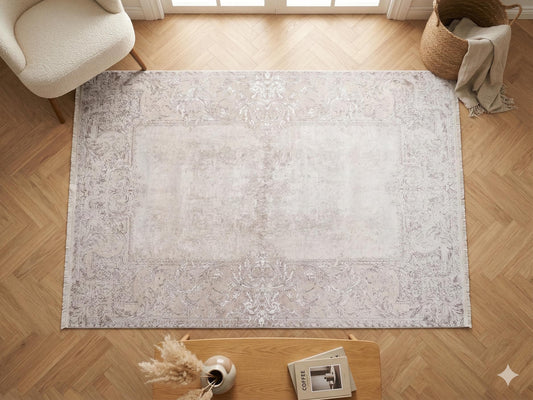 Distressed Vintage Turkish Style Area Rug – Machine Washable Cream Beige Carpet