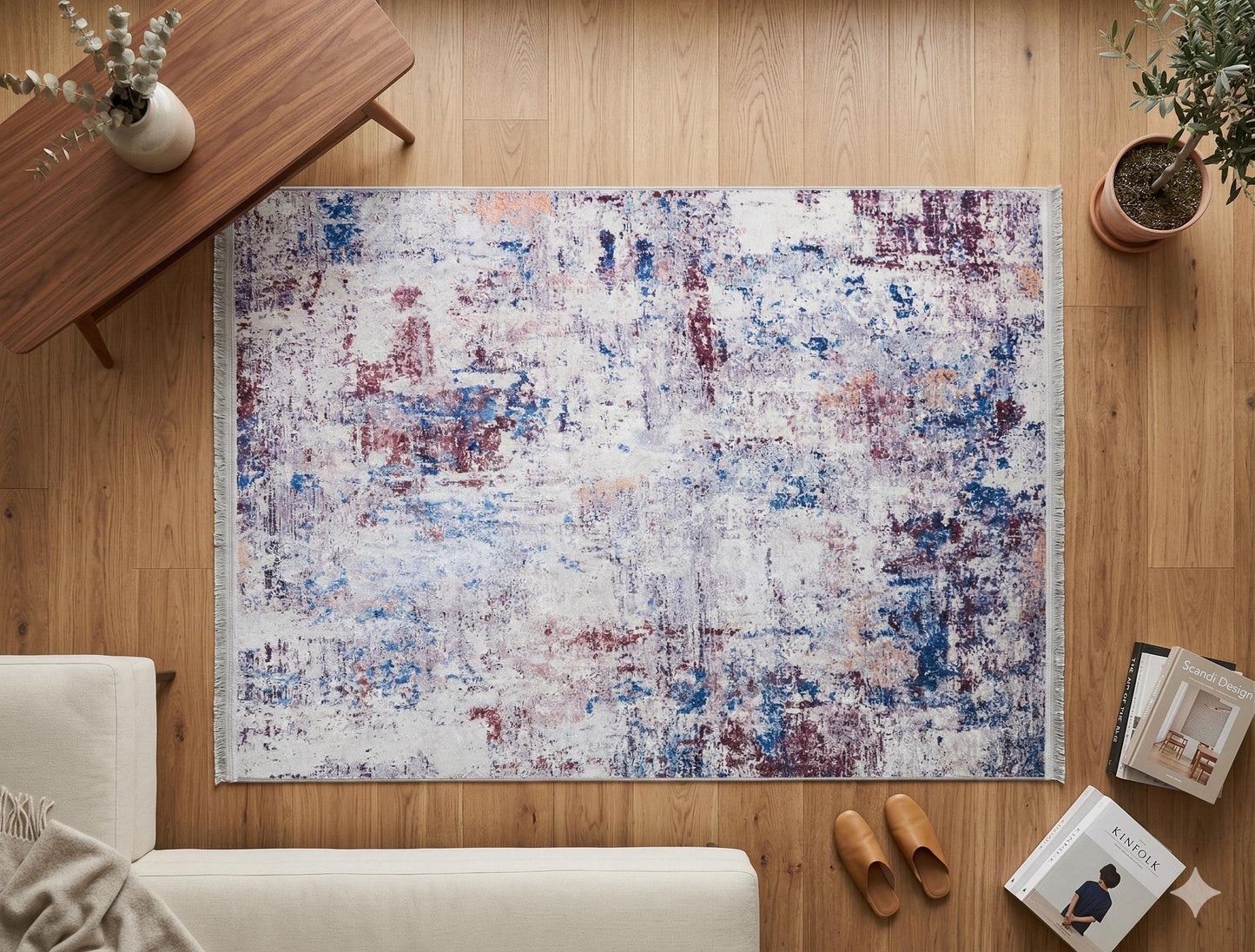 Distressed Abstract Area Rug – Blue, Burgundy, Cream Boho Carpet – Washable Low Pile Floor Mat