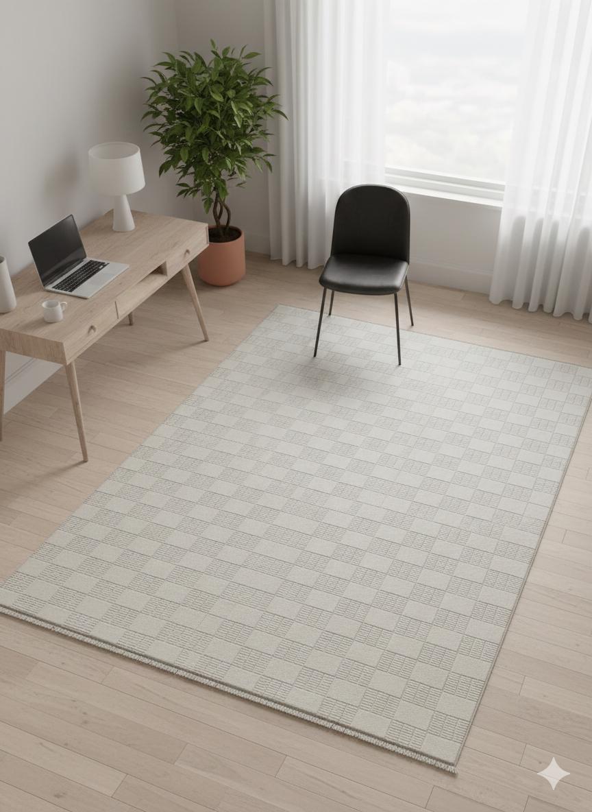Modern Checkerboard Texture Rug, 5x7 Cream Contemporary Area Carpet (160x230cm)