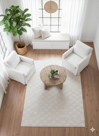 Modern Checkerboard Texture Rug, 5x7 Cream Contemporary Area Carpet (160x230cm)