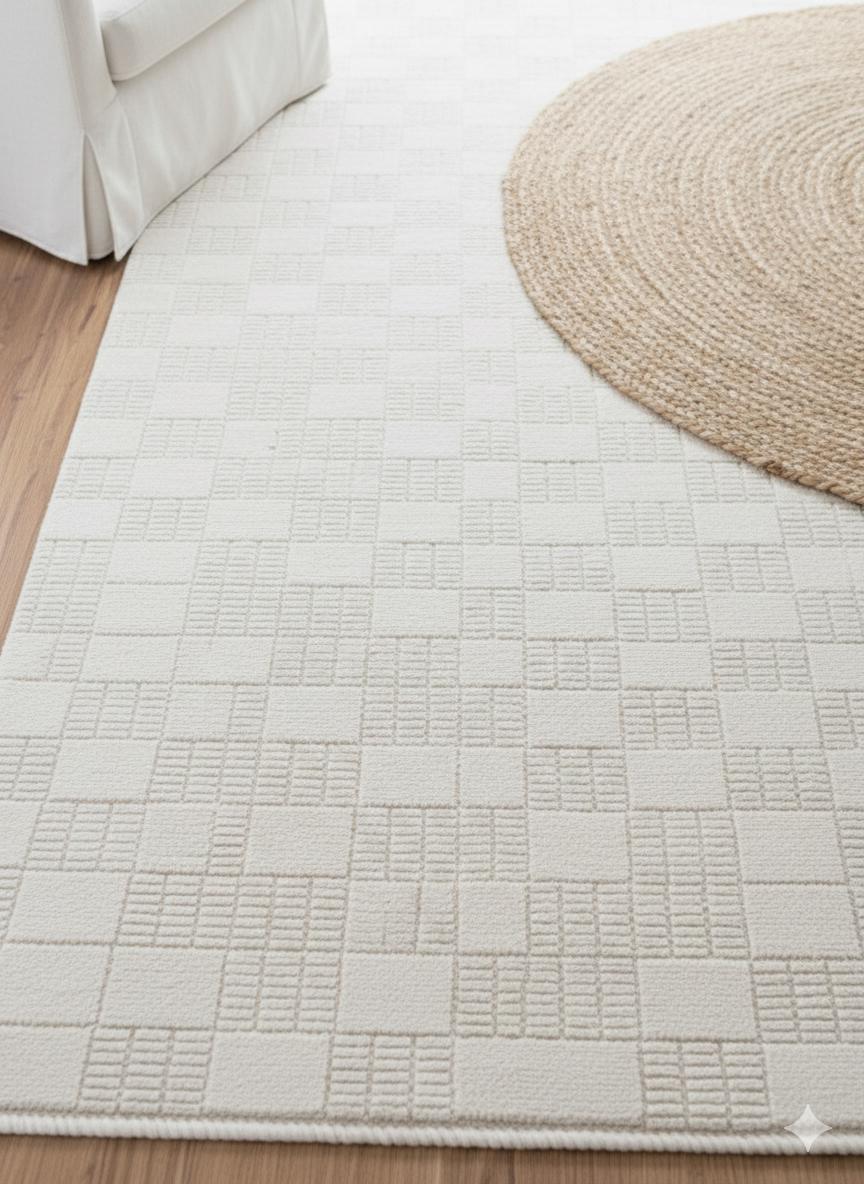 Modern Checkerboard Texture Rug, 5x7 Cream Contemporary Area Carpet (160x230cm)