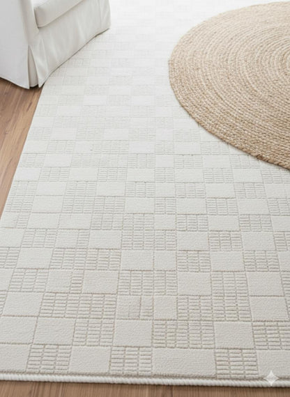 Modern Checkerboard Texture Rug, 5x7 Cream Contemporary Area Carpet (160x230cm)