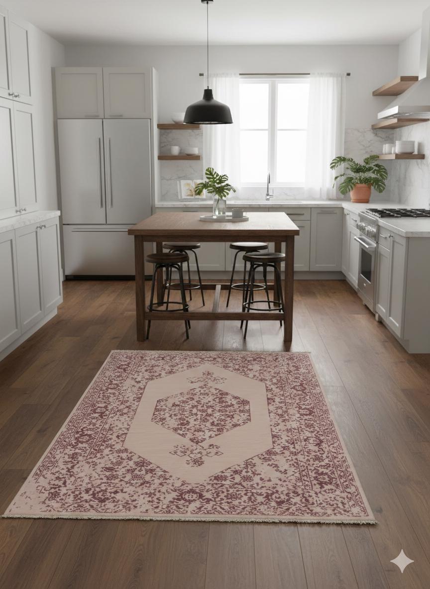 Distressed Pink Oriental Wool Rug – Medallion Boho Chic Carpet (160x230 cm)