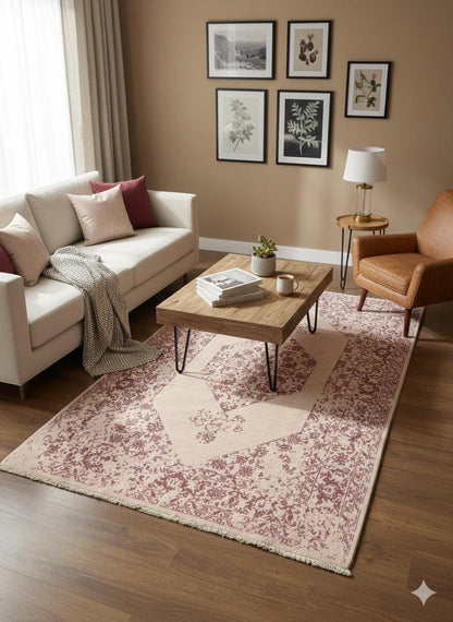 Distressed Pink Oriental Wool Rug – Medallion Boho Chic Carpet (160x230 cm)