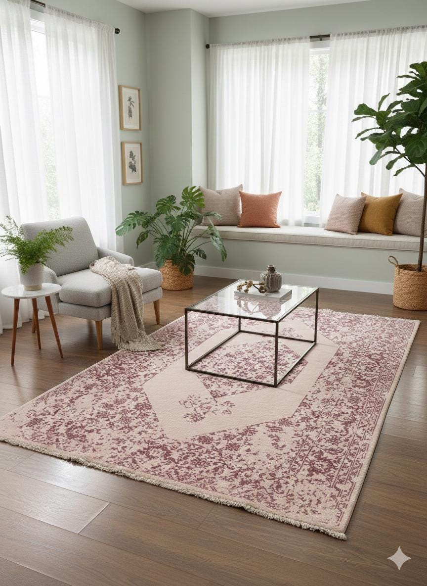 Distressed Pink Oriental Wool Rug – Medallion Boho Chic Carpet (160x230 cm)