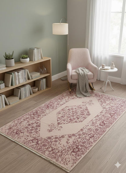 Distressed Pink Oriental Wool Rug – Medallion Boho Chic Carpet (160x230 cm)