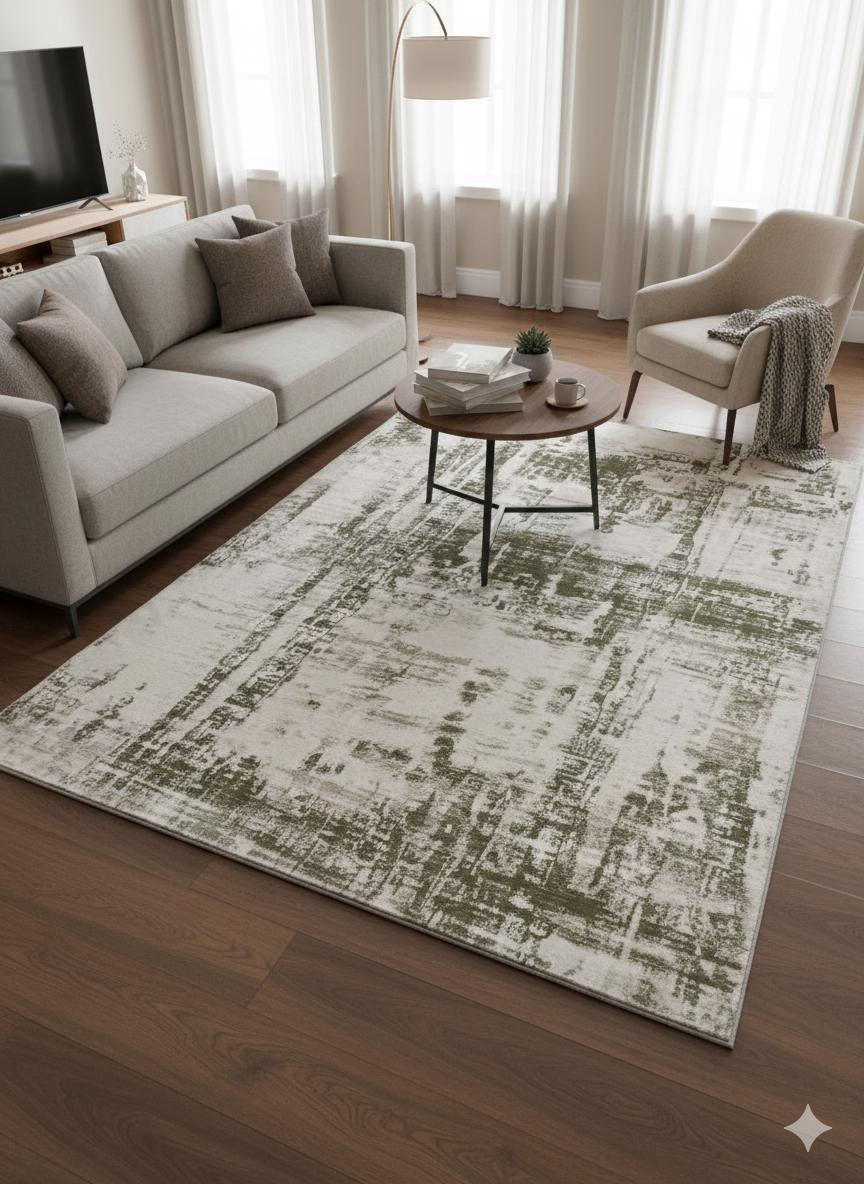 Olive Green Abstract Wool Rug – Contemporary Area Carpet 160x230cm