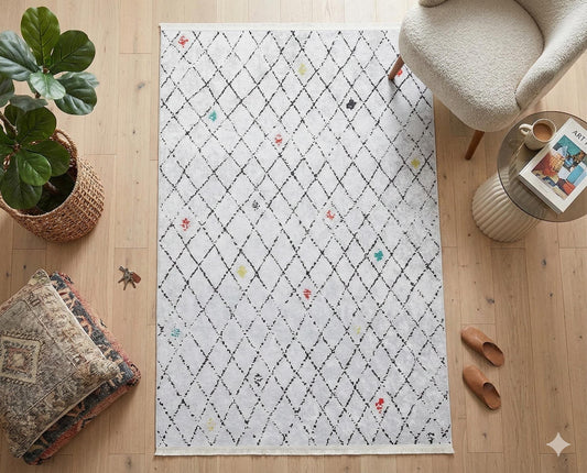 Washable Boho Diamond Rug – Cream Grey Beni Ourain Style Carpet