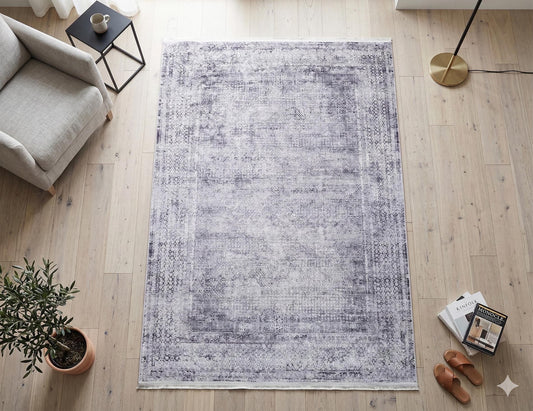 Distressed Purple Persian Style Medallion Carpet, Faded Lavender Living Room Rug
