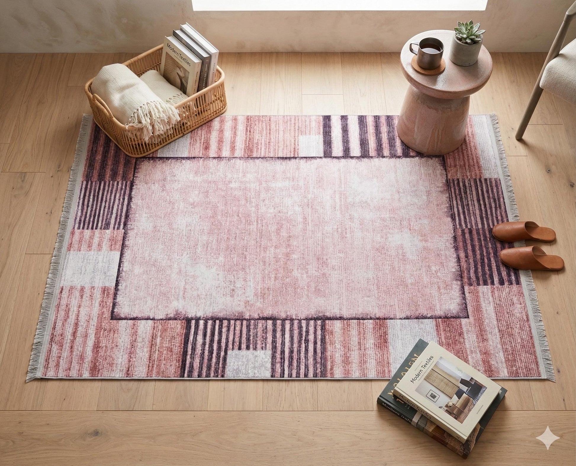 Distressed Terracotta Mauve Geometric Area Rug – Boho Low Pile Carpet