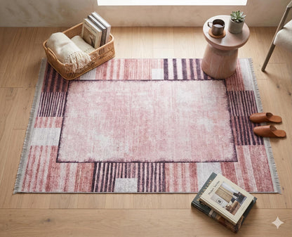 Distressed Terracotta Mauve Geometric Area Rug – Boho Low Pile Carpet