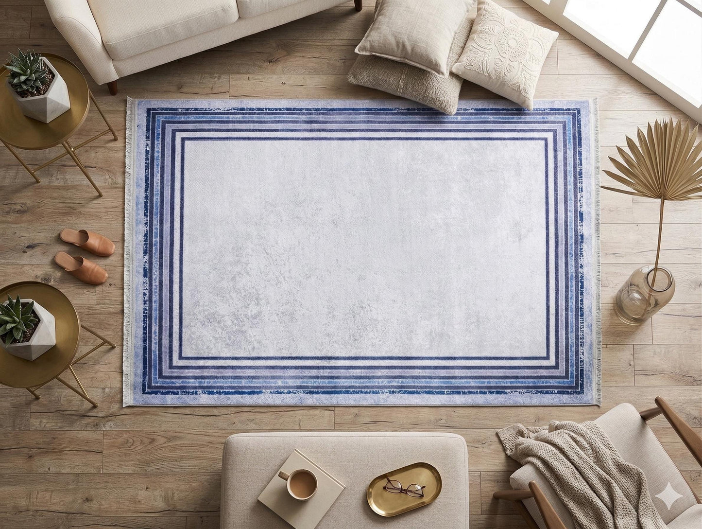 Modern Blue Border Washable Area Rug – Distressed Gray Carpet, Coastal Farmhouse Decor