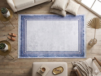 Modern Blue Border Washable Area Rug – Distressed Gray Carpet, Coastal Farmhouse Decor