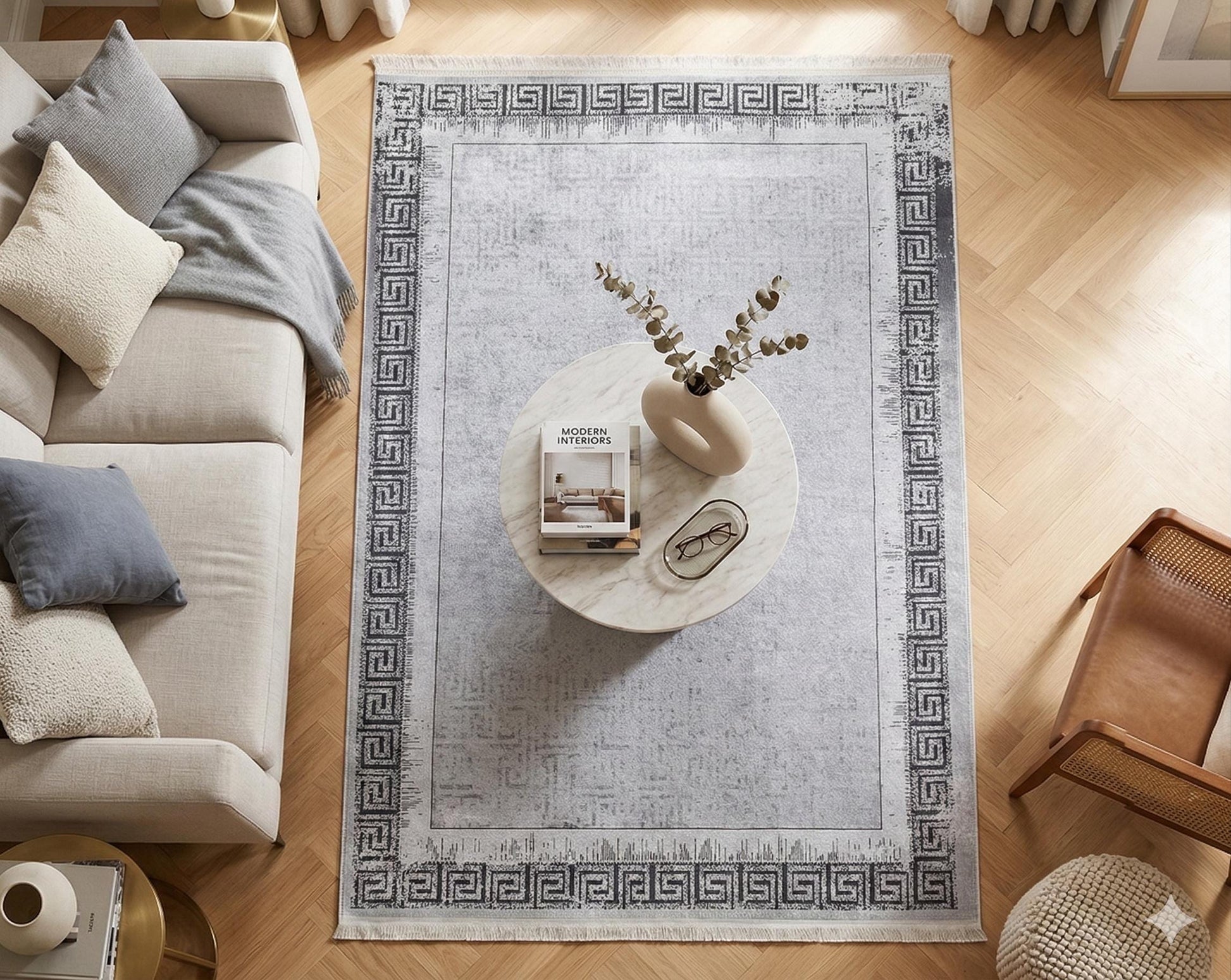 Gray Greek Key Area Rug – Distressed Medallion Border Carpet, Washable Non-Slip Home Decor
