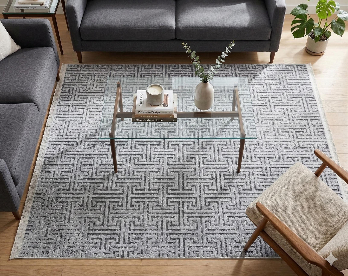 Modern Greek Key Area Rug – Gray Geometric Carpet, Minimalist Living Room Decor