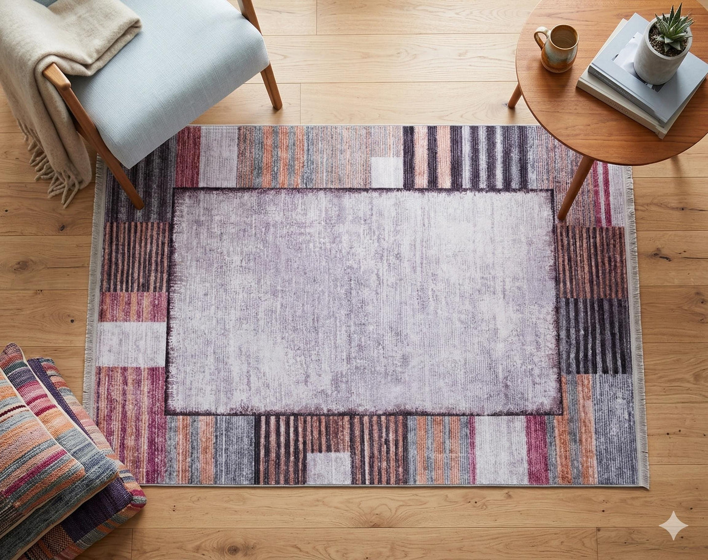 Purple Burnt Orange Geometric Abstract Low Pile Boho Living Room Rug