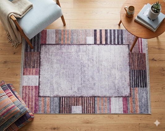 Purple Burnt Orange Geometric Abstract Low Pile Boho Living Room Rug