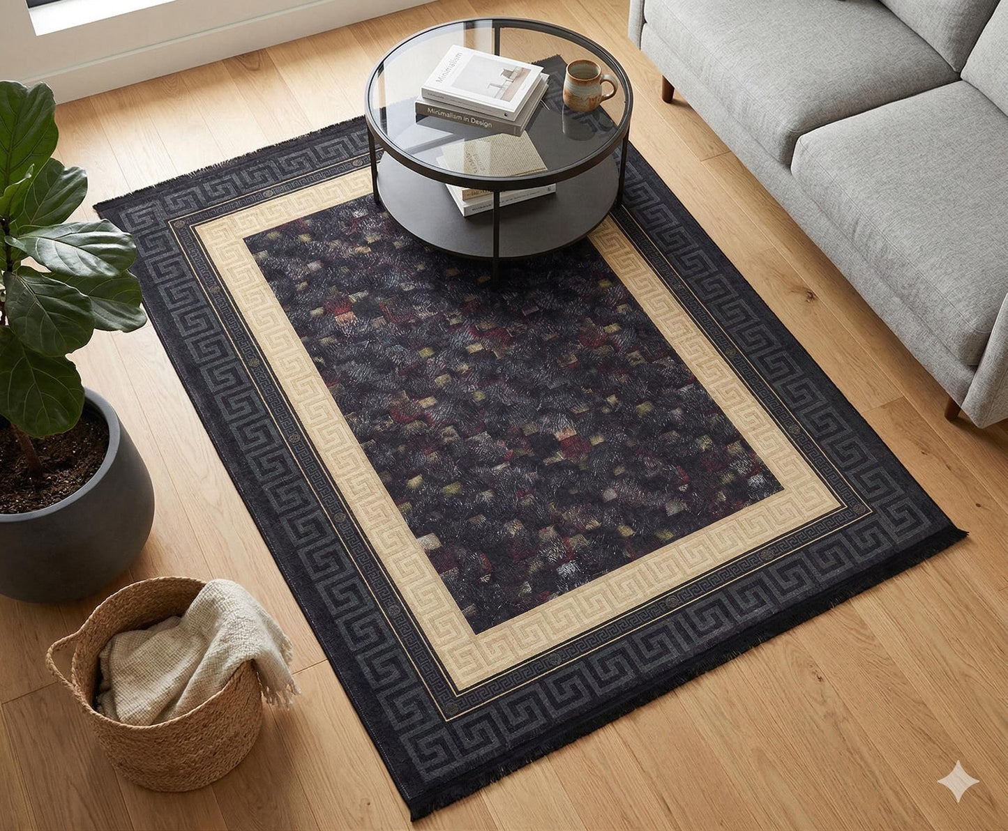Modern Greek Key Area Rug – Black Gold Meander Border Carpet, Washable, Non-Slip