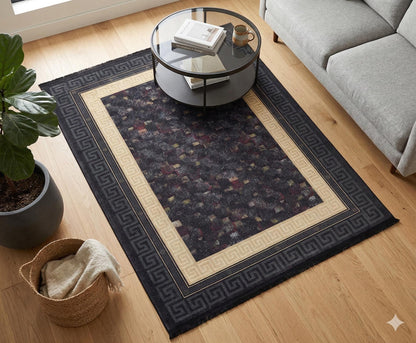 Modern Greek Key Area Rug – Black Gold Meander Border Carpet, Washable, Non-Slip