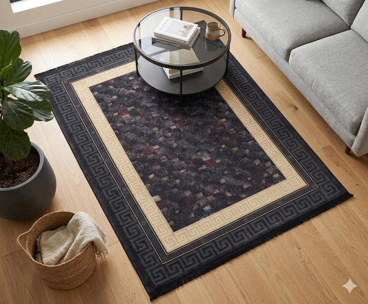 Modern Greek Key Area Rug – Black Gold Meander Border Carpet, Washable, Non-Slip