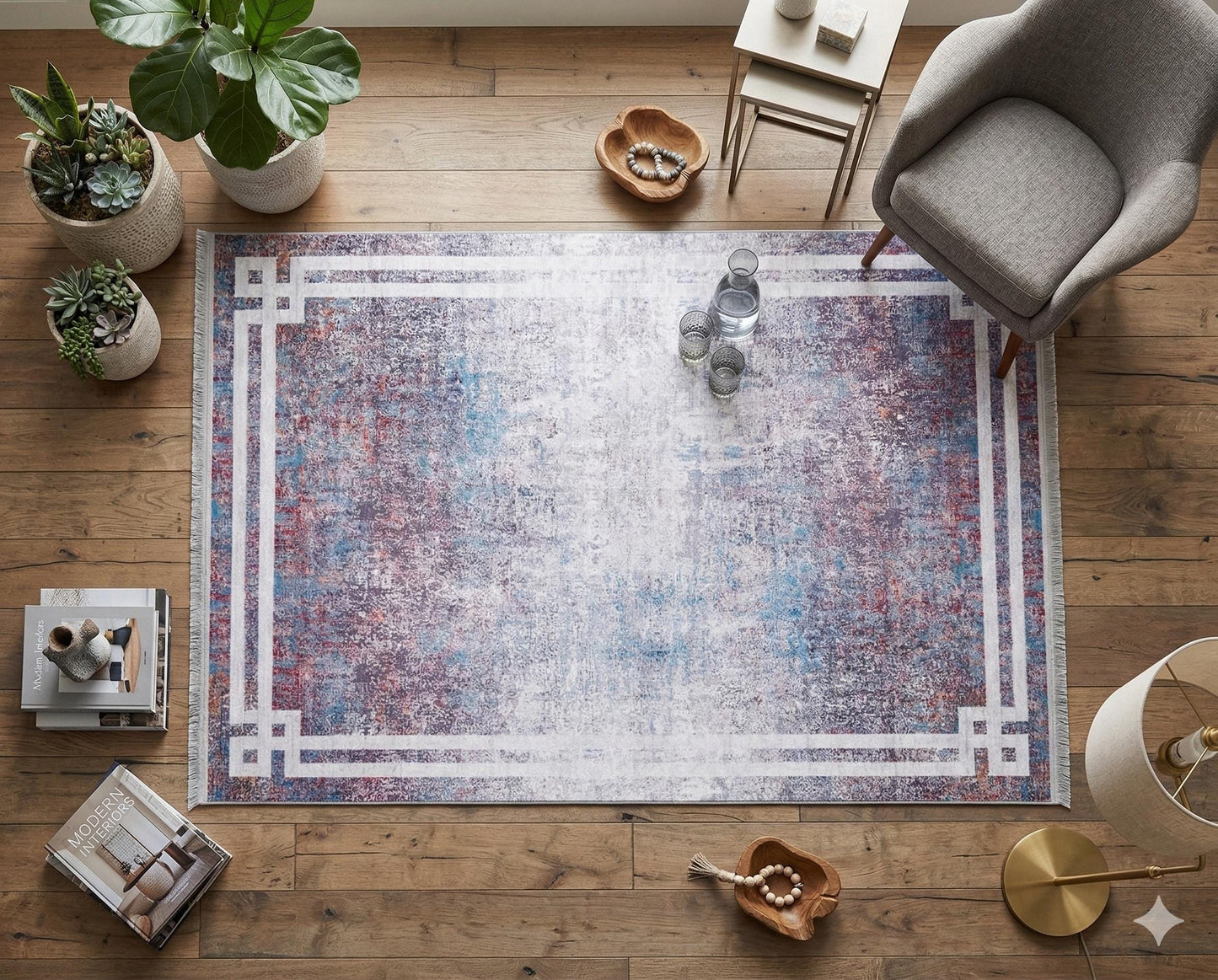 Modern Distressed Area Rug – Purple Blue Abstract Transitional Carpet, Pet Friendly