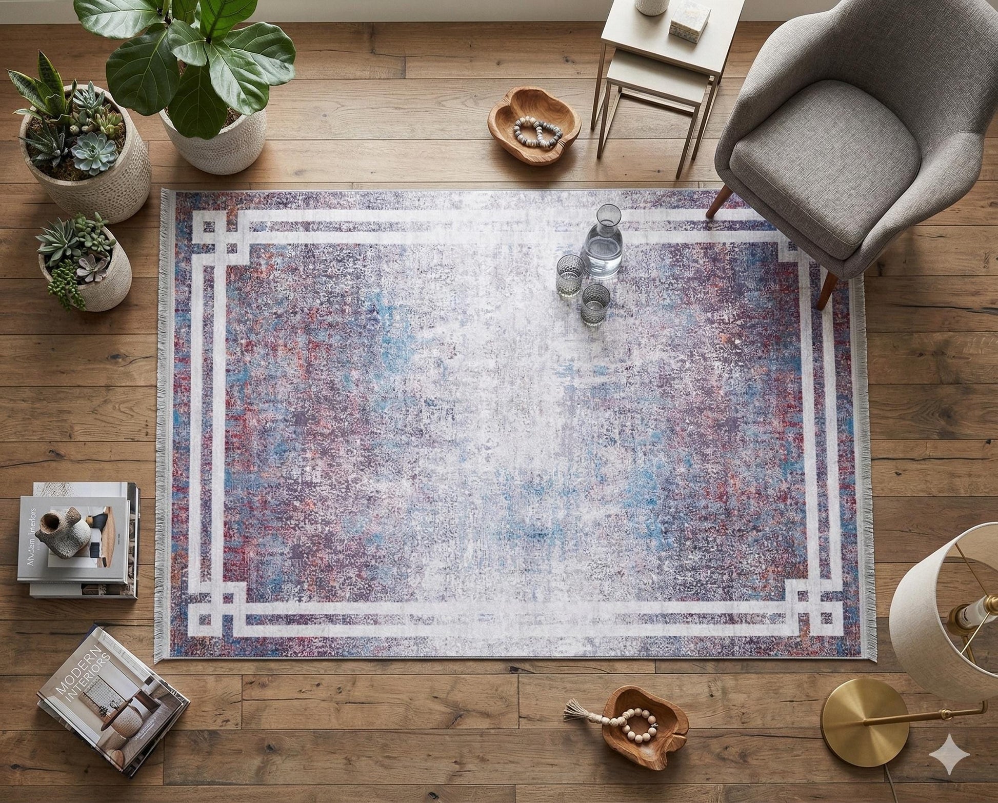 Modern Distressed Area Rug – Purple Blue Abstract Transitional Carpet, Pet Friendly