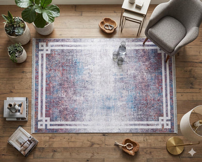 Modern Distressed Area Rug – Purple Blue Abstract Transitional Carpet, Pet Friendly