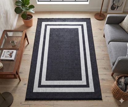 Modern Geometric Border Rug – Machine Washable Charcoal Black Area Rug