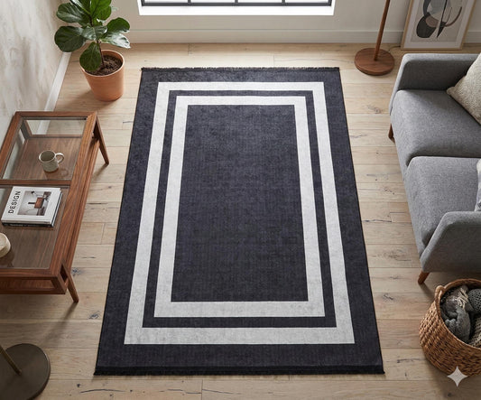 Modern Geometric Border Rug – Machine Washable Charcoal Black Area Rug