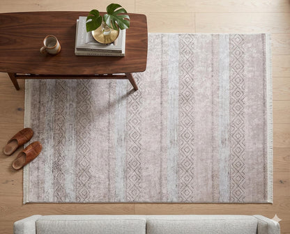 Washable Boho Area Rug – Distressed Diamond Tribal Pattern, Cream Gray Carpet