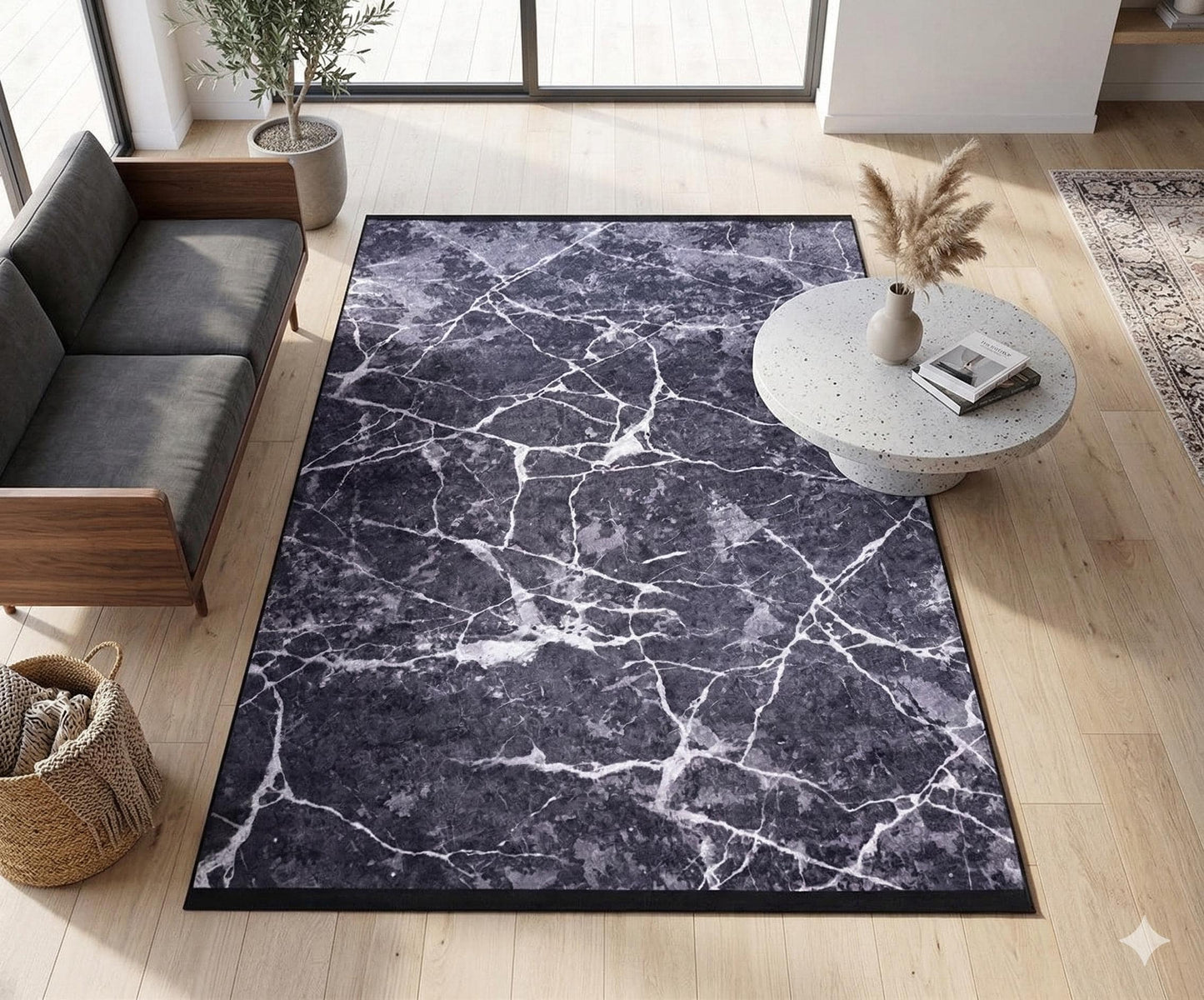 Modern Black Marble Area Rug, Charcoal White Veined Carpet, Minimalist Industrial Decor