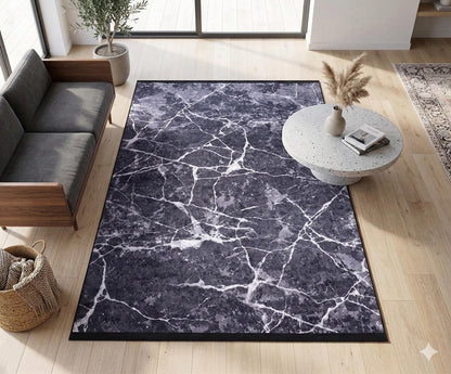 Modern Black Marble Area Rug, Charcoal White Veined Carpet, Minimalist Industrial Decor