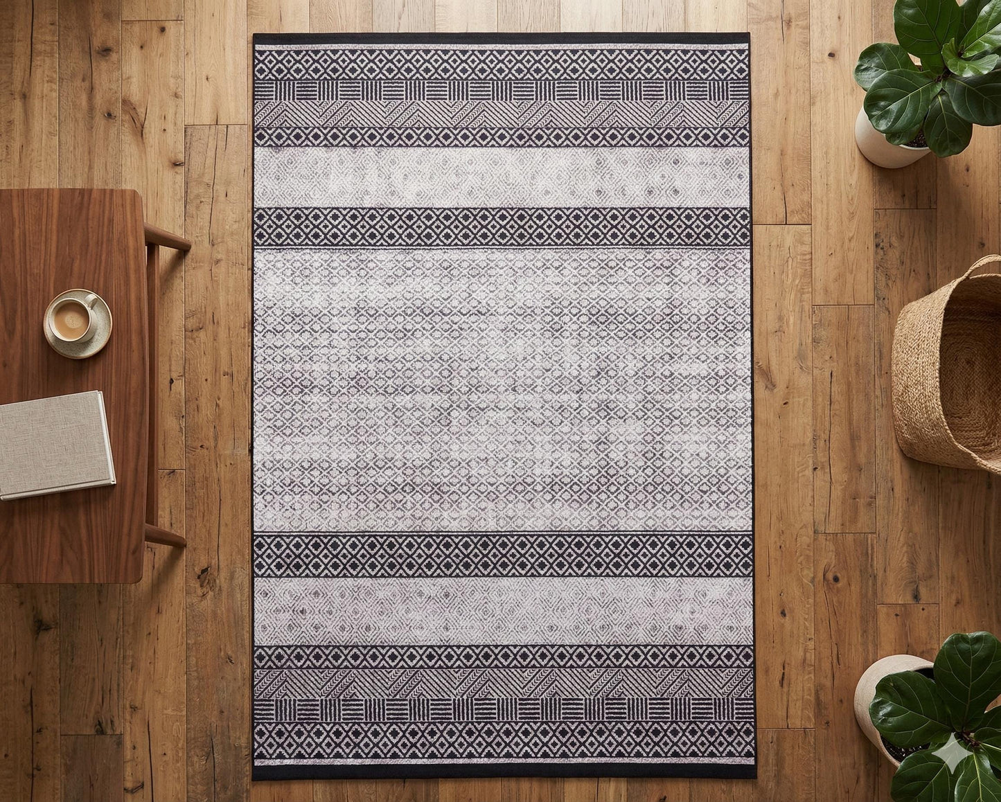 Machine Washable Boho Area Rug – Black White Tribal Geometric Farmhouse Decor