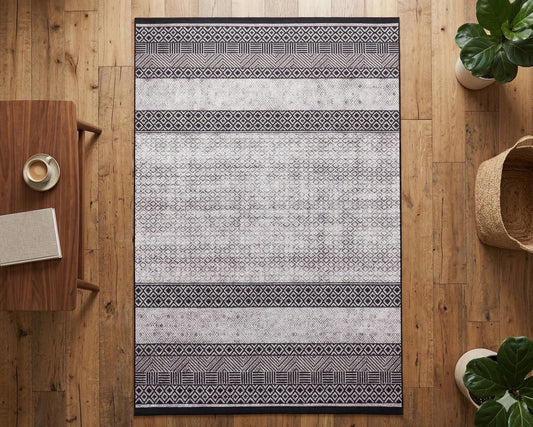 Machine Washable Boho Area Rug – Black White Tribal Geometric Farmhouse Decor