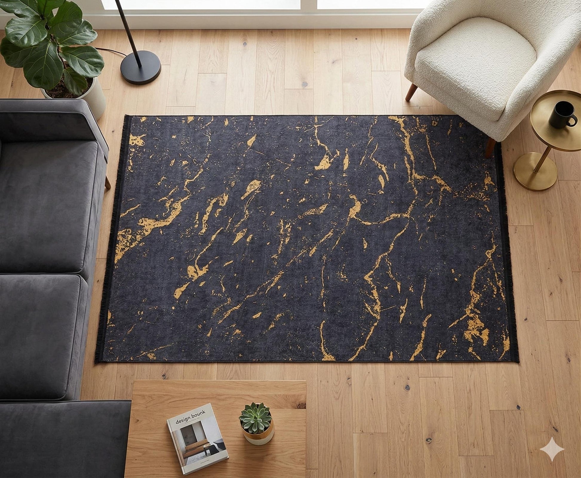 Washable Marble Area Rug – Charcoal Gold Veining, Modern Abstract Carpet