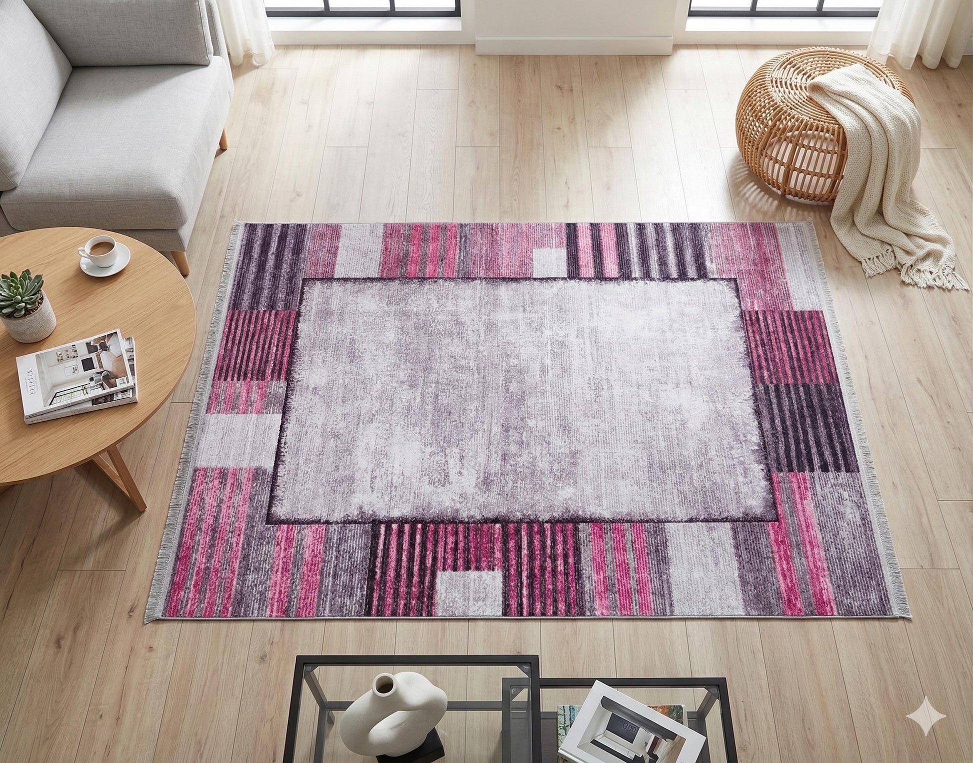Modern Pink Geometric Rug: Washable Turkish Style