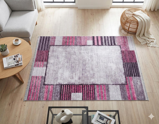 Modern Pink Geometric Rug: Washable Turkish Style