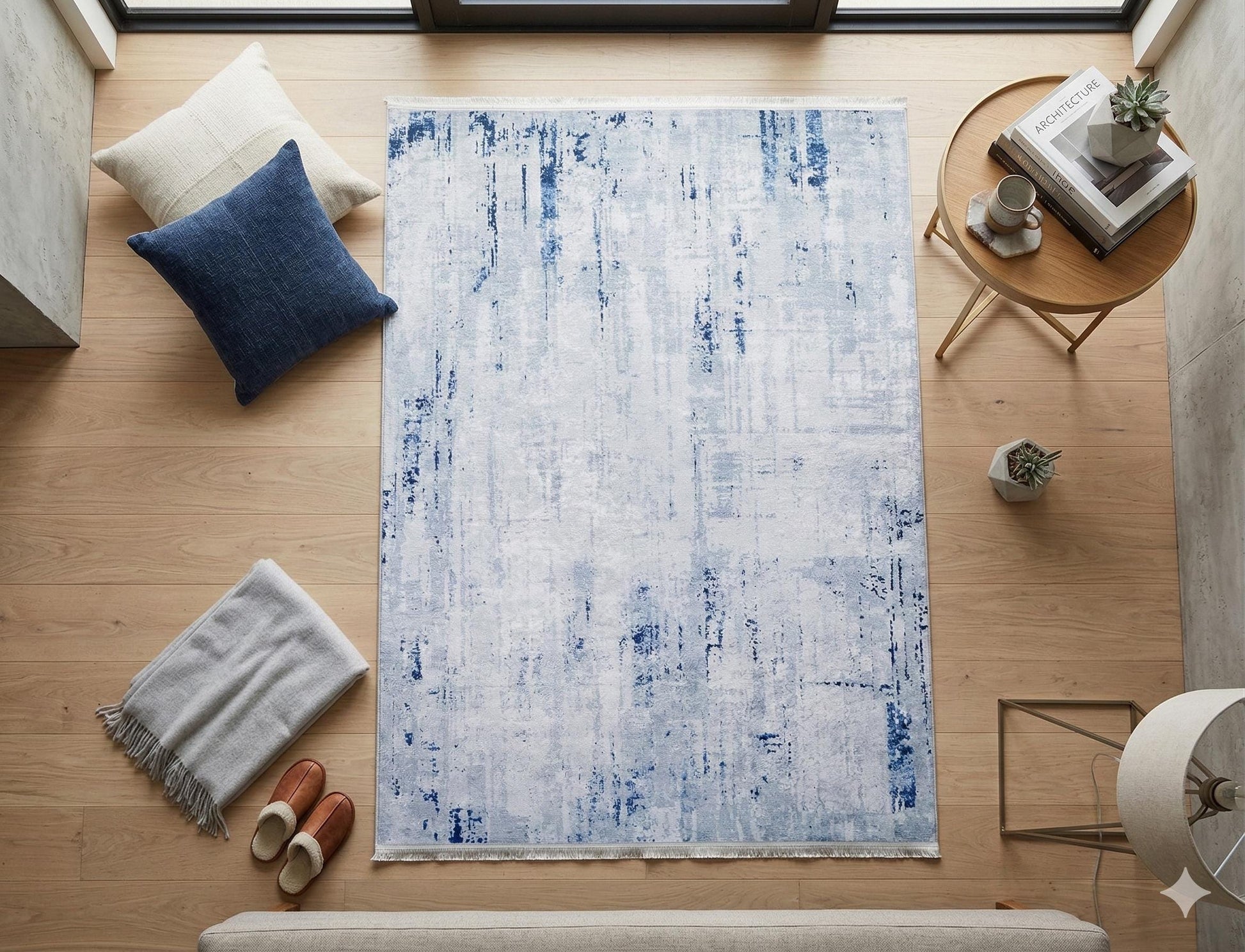 Washable Abstract Blue Watercolor Rug • Distressed Modern Carpet, Easy Clean Non-Slip