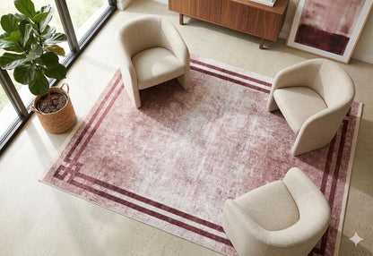 Distressed Greek Key Border Rug – Washable Terracotta Cream Faded Antique Carpet