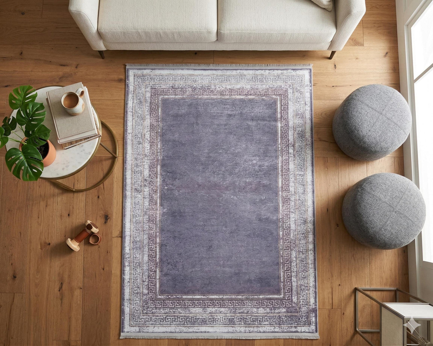 Distressed Lavender Area Rug | Greek Key Border, Vintage Style, Low Pile Carpet