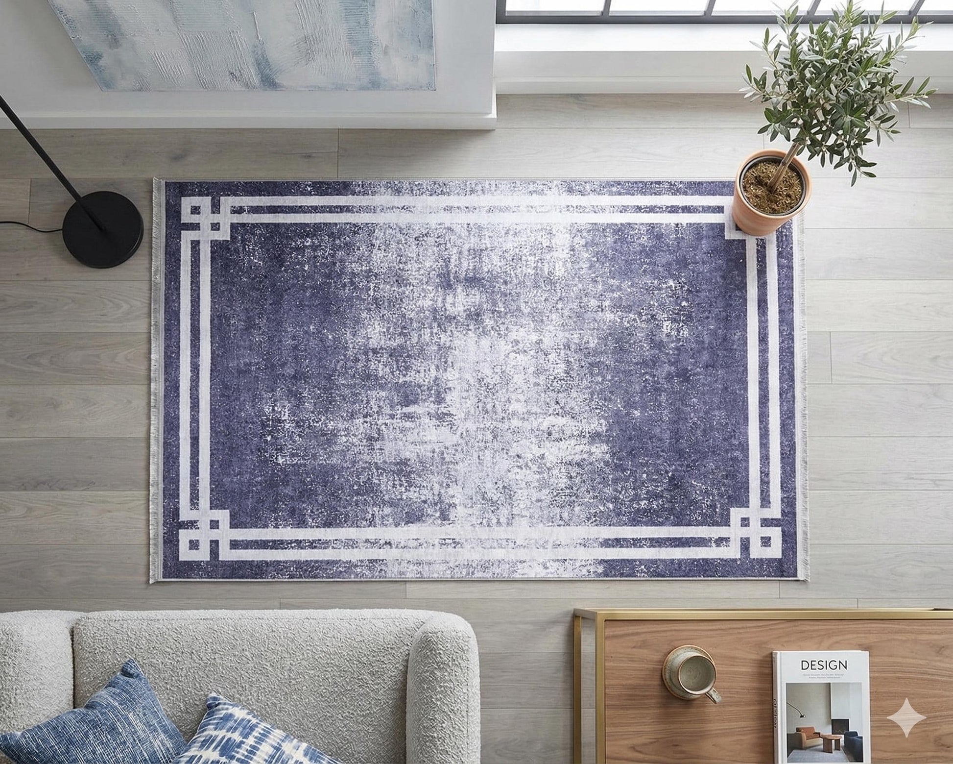 Modern Distressed Navy Blue & White Washable Area Rug – Faded Transitional Geometric Border Design