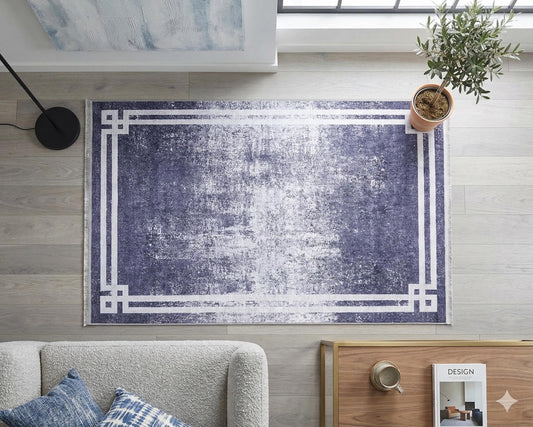 Modern Distressed Navy Blue & White Washable Area Rug – Faded Transitional Geometric Border Design