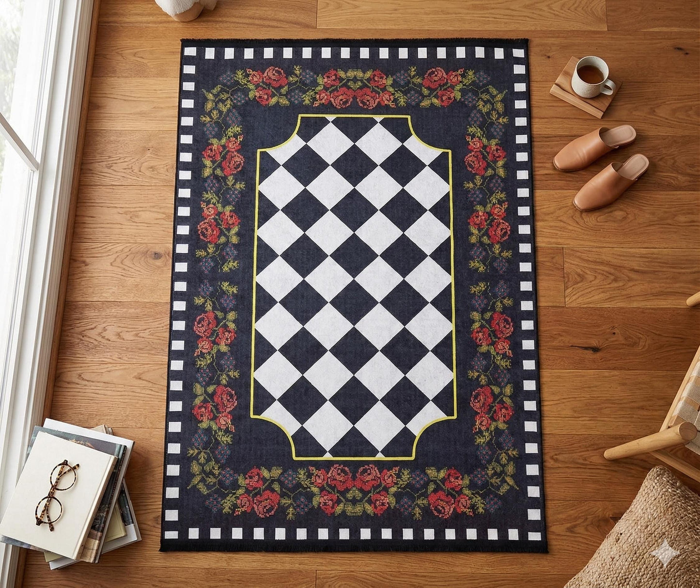 Checkered Rose Area Rug – Black White Harlequin Gothic Floral Decor (Machine Washable)