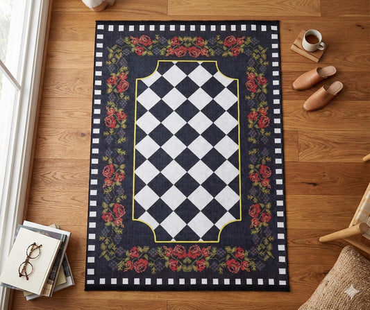 Checkered Rose Area Rug – Black White Harlequin Gothic Floral Decor (Machine Washable)