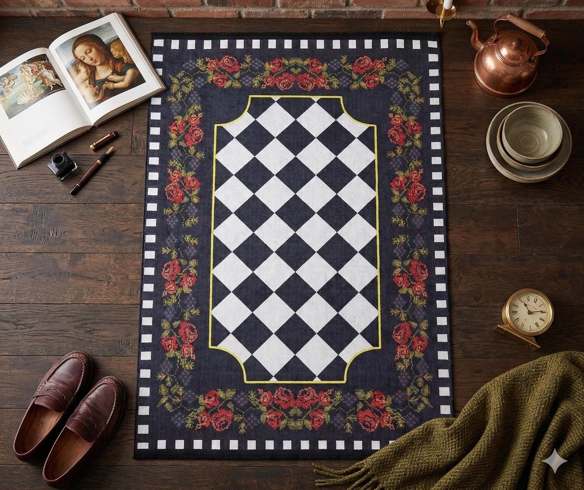 Checkered Rose Area Rug – Black White Harlequin Gothic Floral Decor (Machine Washable)