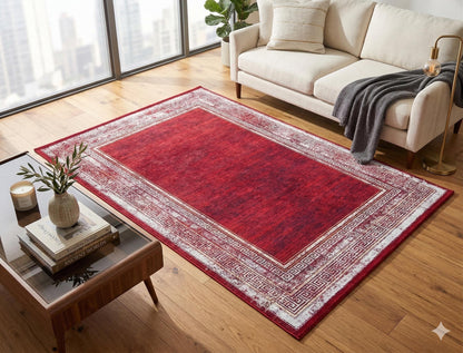 Distressed Red Greek Key Area Rug | Crimson Oriental Carpet, Meander Border